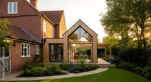 Modern Luxury House Exterior with Garden and Warm Lighting