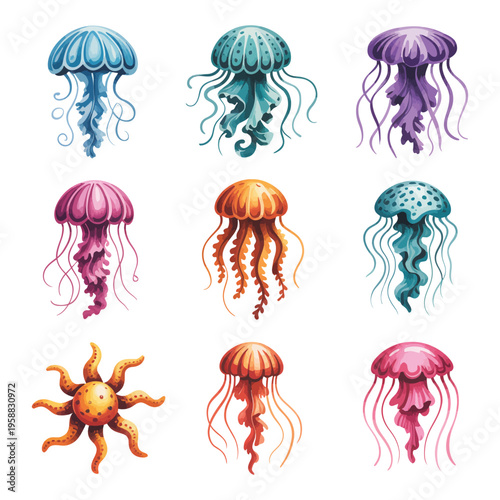 Jellyfish and sea creatures vector illustration set with cartoon style icons and fashion art elements
