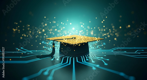 Golden Graduation Cap with Digital Circuit Technology Concept Background
