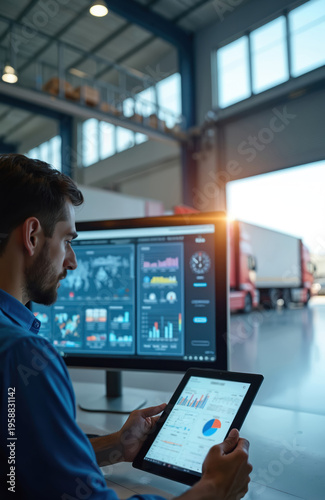 Man uses tablet, computer with analytics for warehouse logistics. Trucks visible in background of modern facility. Supply chain operations run efficiently using digital tools. Data tracking, planning
