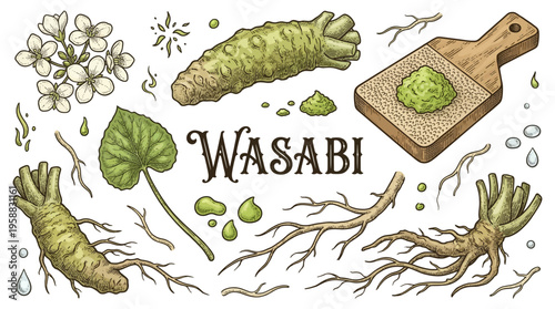 Hand-Drawn Wasabi Root and Plant Set Vector Illustration Featuring Leaf, Flower, Grater, and Paste in Vintage Engraving Style
