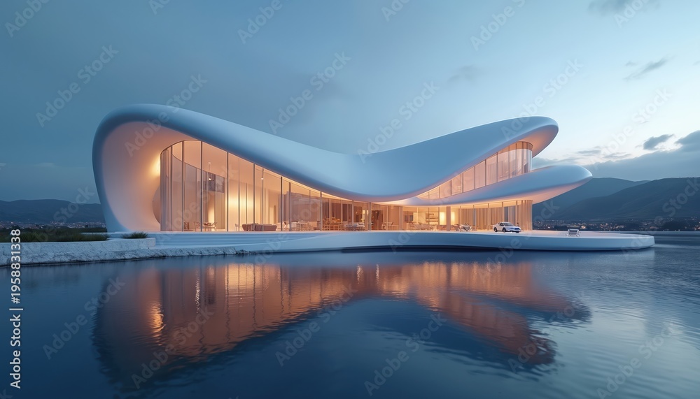 Fototapeta premium Modern luxury waterfront villa glows with warm light. Its fluid white design reflects on calm water under twilight sky. A car sits on the spacious deck.