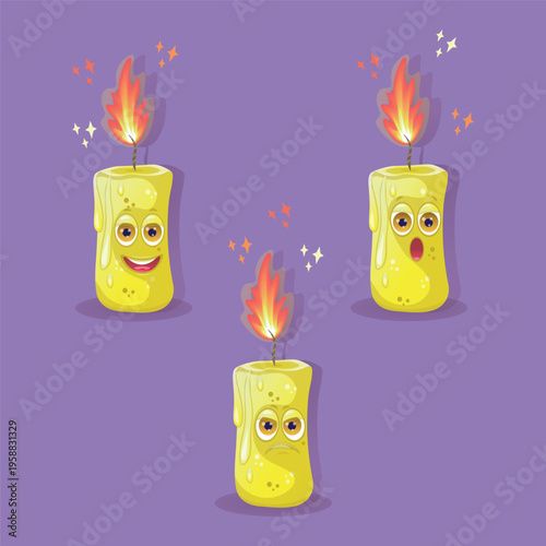 Three burning yellow candles in a cartoon style with different emotions: joy, dissatisfaction and surprise 
