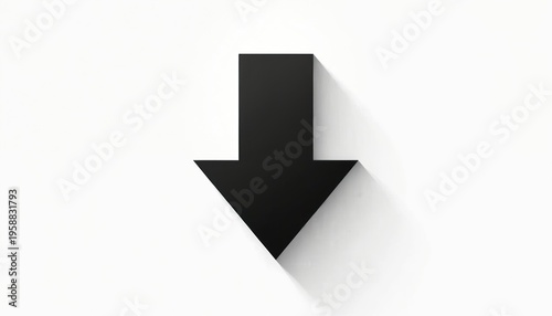 Black down arrow symbol points downwards. Simple graphic element for web design navigation, download links or UI interface elements. Icon placed on white background.