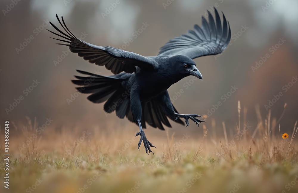 Obraz premium Large black raven bird in mid flight over dry grass field. Bird prepares for landing with wings spread and talons extended. Focus on bird with blurred background and a single yellow flower.