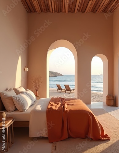 Bedroom with bed overlooking ocean beach. Arched doorways open to sea view, sand, and lounge chairs. Minimalist decor, Moroccan riad style, warm sunset hues.