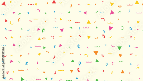 Abstract pattern featuring vibrant primary and secondary colors in a playful retro Memphis style, with scattered geometric shapes like triangles, arcs, and waves creating a cheerful seamless 