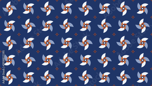 Seamless pattern with abstract geometric pinwheel and star shapes, featuring a modern repeating design in dark blue, white, light blue, and terracotta colors for contemporary backgrounds.