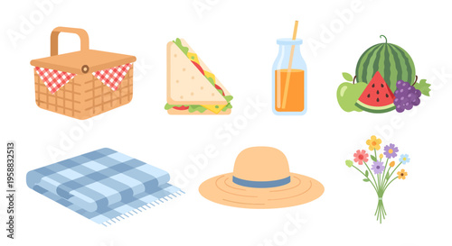 A colorful icon set of a picnic scene with food and drinks on a blanket outdoors.