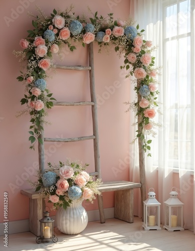 Wooden ladder arch decorated with pink roses and blue hydrangeas. A vase of flowers sits on a bench below. White lanterns flank a window with sheer curtains.