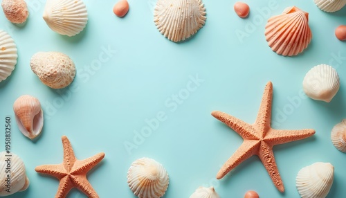 Various seashells and starfish arranged neatly on a light blue background. Items form a border, leaving empty space in the middle. Simple composition for summer themes and marine decor.