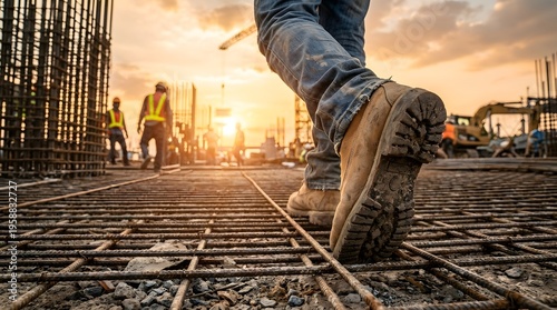Close-up of a construction worker's boots walking on rebar at a building site during sunset, with other workers and equipment in the background.