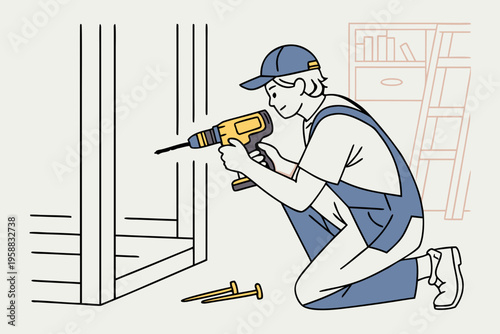 Handyman using electric drill to assemble furniture while kneeling on the floor, with a bookshelf and tools visible in the background