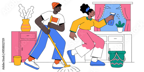 Black couple cleaning their home together, one using a mop while the other sprays cleaner, colorful kitchen setting with plants and bright decor visible