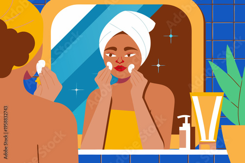 Woman with a towel on her head applying skincare products in front of a mirror, colorful bathroom setting with blue tiles and green plant visible in the background