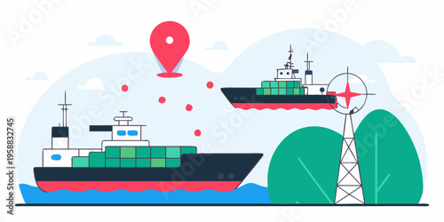 Illustration of two cargo ships navigating waters with a location pin and a radio tower, representing maritime tracking and oil tanker hijacking during sanctions