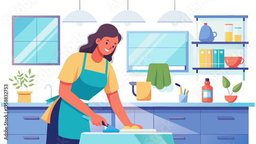 Woman in blue apron cleaning kitchen countertop with, surrounded by shelves of kitchenware and plants in a bright, modern kitchen setting, spring cleaning concept