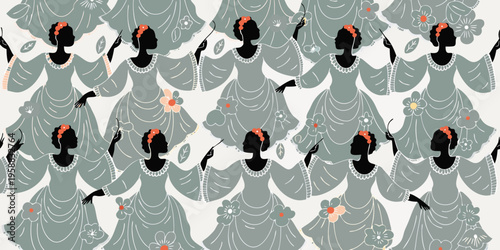 Seamless pattern with traditional Bohag Bihu celebration featuring women in colorful attire holding traditional items, surrounded by floral patterns and vibrant designs representing Assamese culture