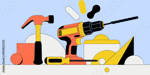 Set of construction tools including a drill, hammer, screwdriver, and geometric shapes on a light blue background, ideal for DIY and home improvement projects