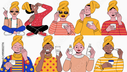 Women with towels on their heads engaging in various skincare routines, applying products, and enjoying self-care moments in a colorful, illustrated setting