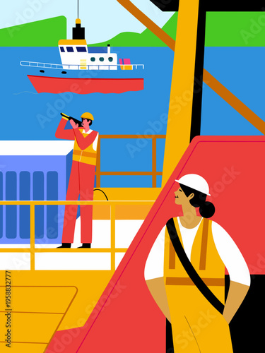 Two maritime workers on a military ship, one using binoculars to scan horizon while the other stands nearby, with tugboat visible in background, concept of hijacking oil tankers during sanctions