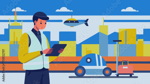 Male transportation worker in safety vest with the help of AI using tablet in futuristic city airport with autonomous vehicles and flying drones, urban skyline in the background