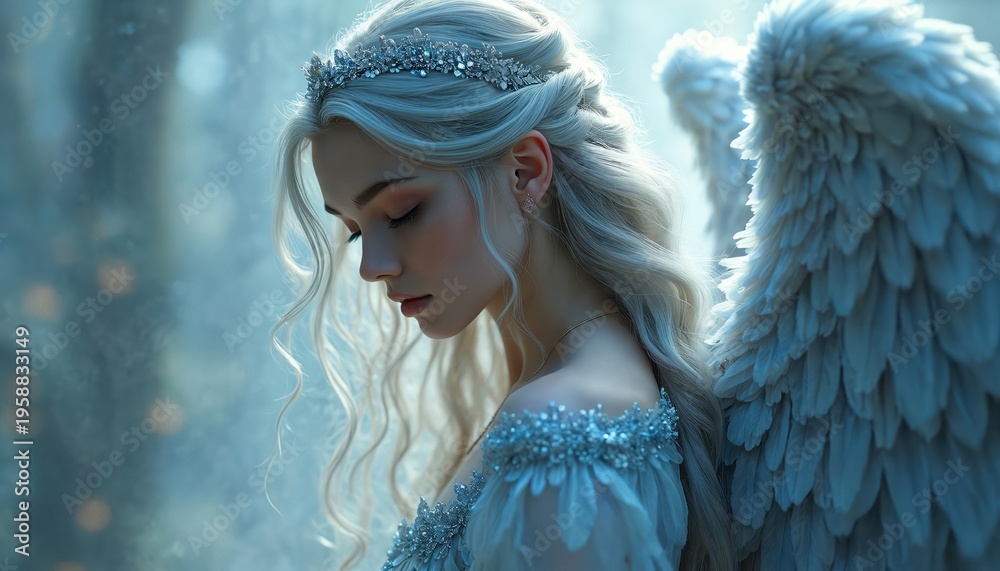 Obraz premium Elegant angel woman with white feathered wings and crown. She wears a sparkly dress with intricate details. Soft blue background creates a dreamy, ethereal atmosphere.