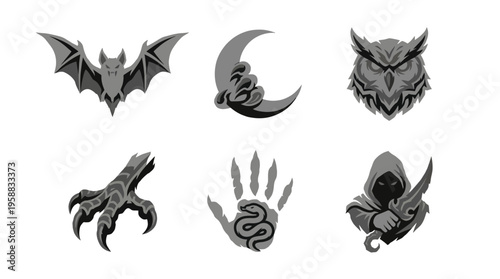 A dark illustration set of six gothic icons featuring a bat, moon, clawed hand, snake-wrapped hand, and hooded figure on plain white background
