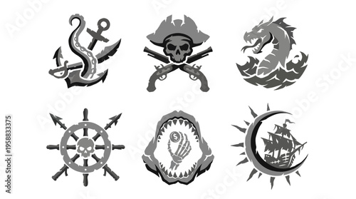 Displaying six nautical icons including anchor skull dragon wheel and shield in a grayscale set on a plain background viewed from a front perspective