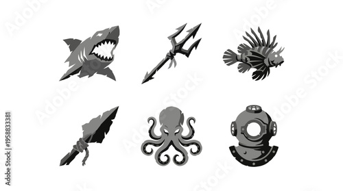 Viewing underwater exploration icons of shark, trident, pufferfish, torpedo, and octopus arranged in a grayscale set on a plain background