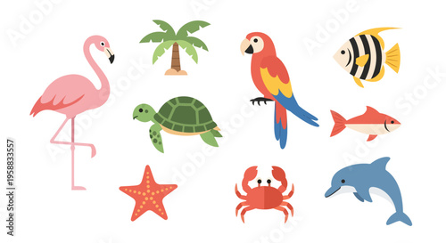 Tropical icon set features a flamingo, parrot, fish, and other beach creatures.