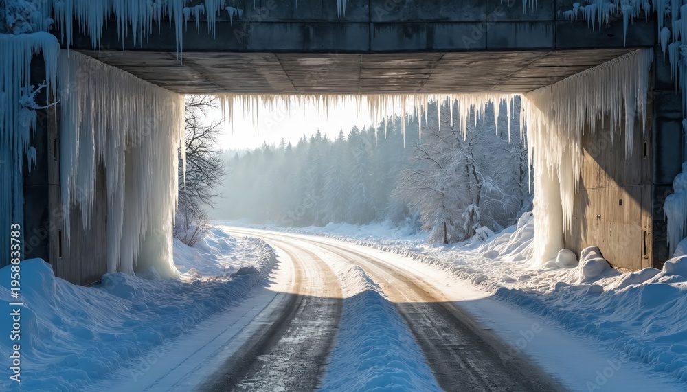 Fototapeta premium Frozen icicles hang from concrete bridge over snow covered road. Winter forest landscape bright sun rays shine through trees. Cold season path under icy structure.