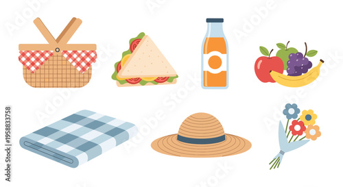 A colorful picnic icon set on a white background with various items.