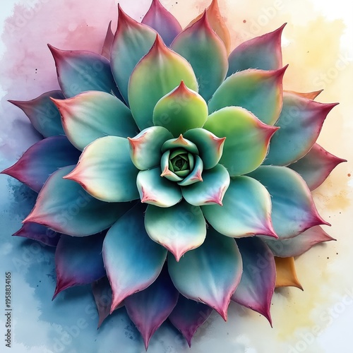 Watercolor illustration of succulent plant. Closeup view of botanical flora with green blue and pink petals. Nature graphic design, soft abstract background texture.