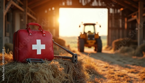Red first aid kit sits on hay bale inside farm barn. Tractor waits outside, sun sets, golden hour light streams into rustic building. Rural safety preparedness.