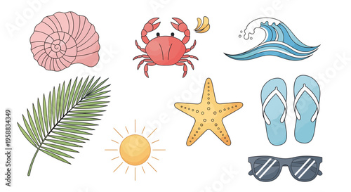 Beach icon set features a nautilus shell, crab, wave, palm leaf, sun, starfish, flip flops, and sunglasses.