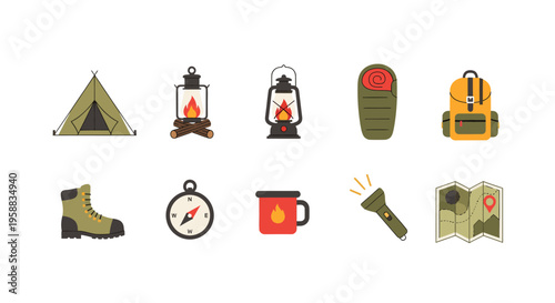 The icon set depicts camping gear and tools for outdoor adventures and survival.