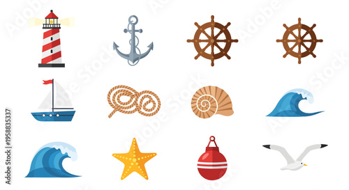 Nautical icon set features a lighthouse standing tall on a coastline alongside a sailing ship and various marine elements.