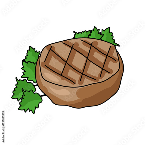 Vector illustration of a grilled meat medallion (steak) garnished with fresh green herbs