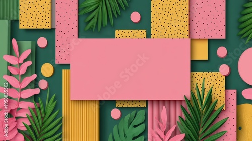 A vibrant flat lay featuring layered geometric shapes in pink, yellow, and green with tropical leaves and confetti-style dots creating a lively, modern composition.