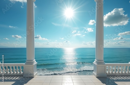 Bright sunny day over blue ocean seen from white balcony with columns. Calm sea waves wash shore under clear sky. Vacation relaxation ambiance.