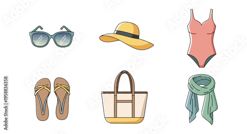 Summer vacation icon set includes sunglasses, hat, swimsuit, flip flops, tote bag, and scarf.