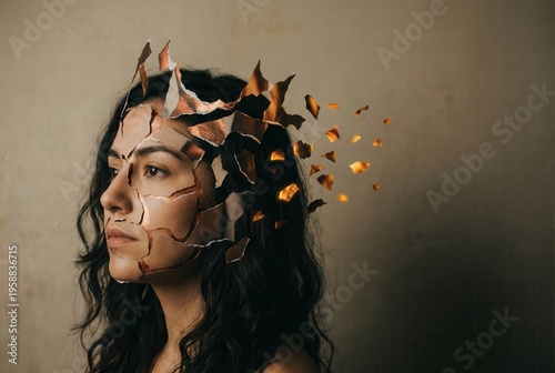 A woman with a fragmented visage revealing her thoughts through broken layers symbolizing creativity innovation and the transformative power of self discovery
