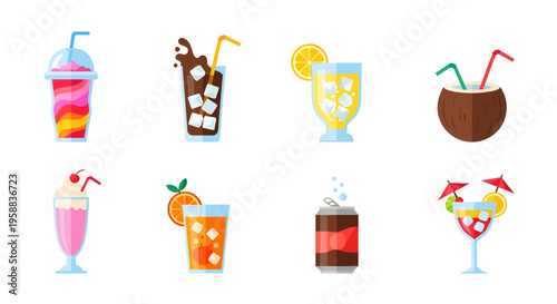 A colorful icon set of various cold drinks and cocktails on a white background