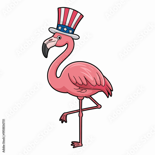 A cartoon flamingo stands on one leg, wearing a hat adorned with stars and stripes.