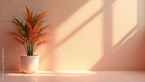 Potted plant with orange and green leaves casts shadow on peach wall. Soft window light creates geometric patterns. Minimalist indoor still life, serene home decor.