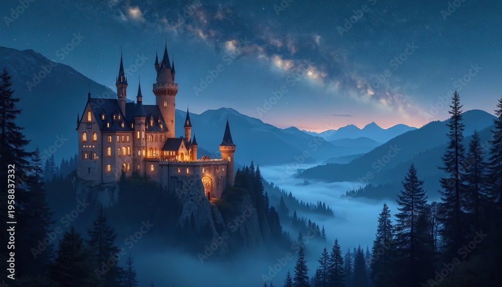 Fototapeta premium Fairytale castle on mountain cliff at night with fog and starry sky. Majestic towers glow warm light above misty forest valley. Dramatic fantasy landscape with distant peaks.