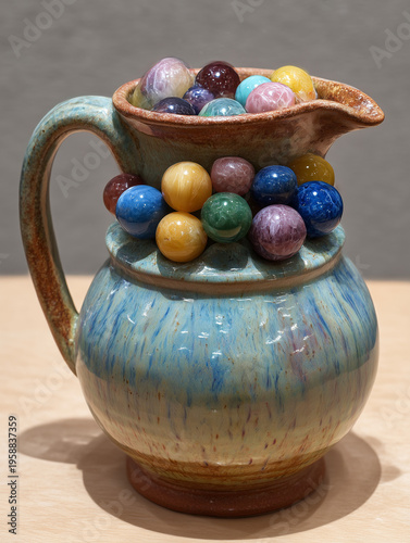 Ceramic pitcher filling with colorful decorative marbles