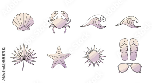 Beach icon set features seashell, crab, waves, starfish, palm tree, sun, flip flops, and sunglasses.