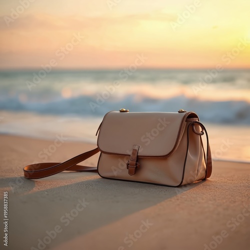 Beige leather handbag rests on sandy beach sand with gentle ocean waves. Sunset sky casts warm golden hour light on accessory. Casual travel style.